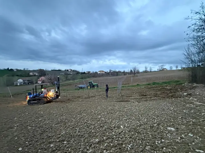 Battipalo cingolato al lavoro sul terreno con il cielo della sera