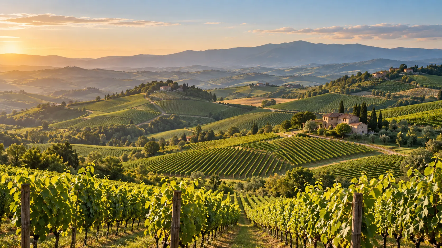 Colline con vigneti al tramonto